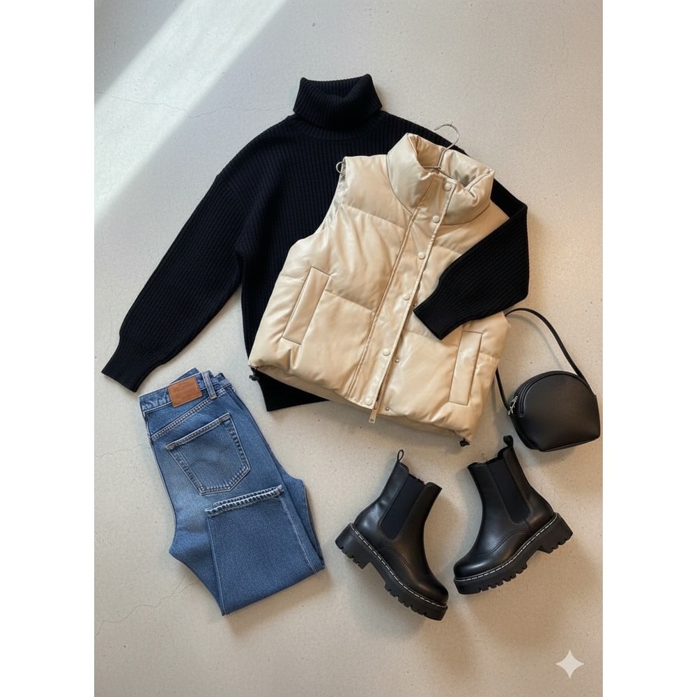 Women’s Cropped Faux Leather Puffer Vest | Neutral Minimal Layering